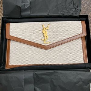Yves Saint Laurent UPTOWN POUCH IN CANVAS AND SMOOTH LEATHER neutral beige